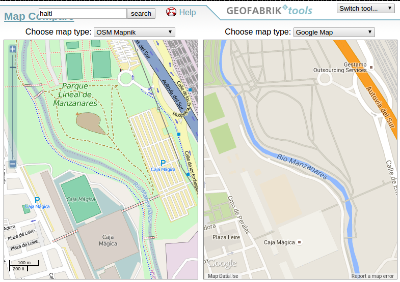 OpenStreetMap vs Google Maps en la Caja Mágica
